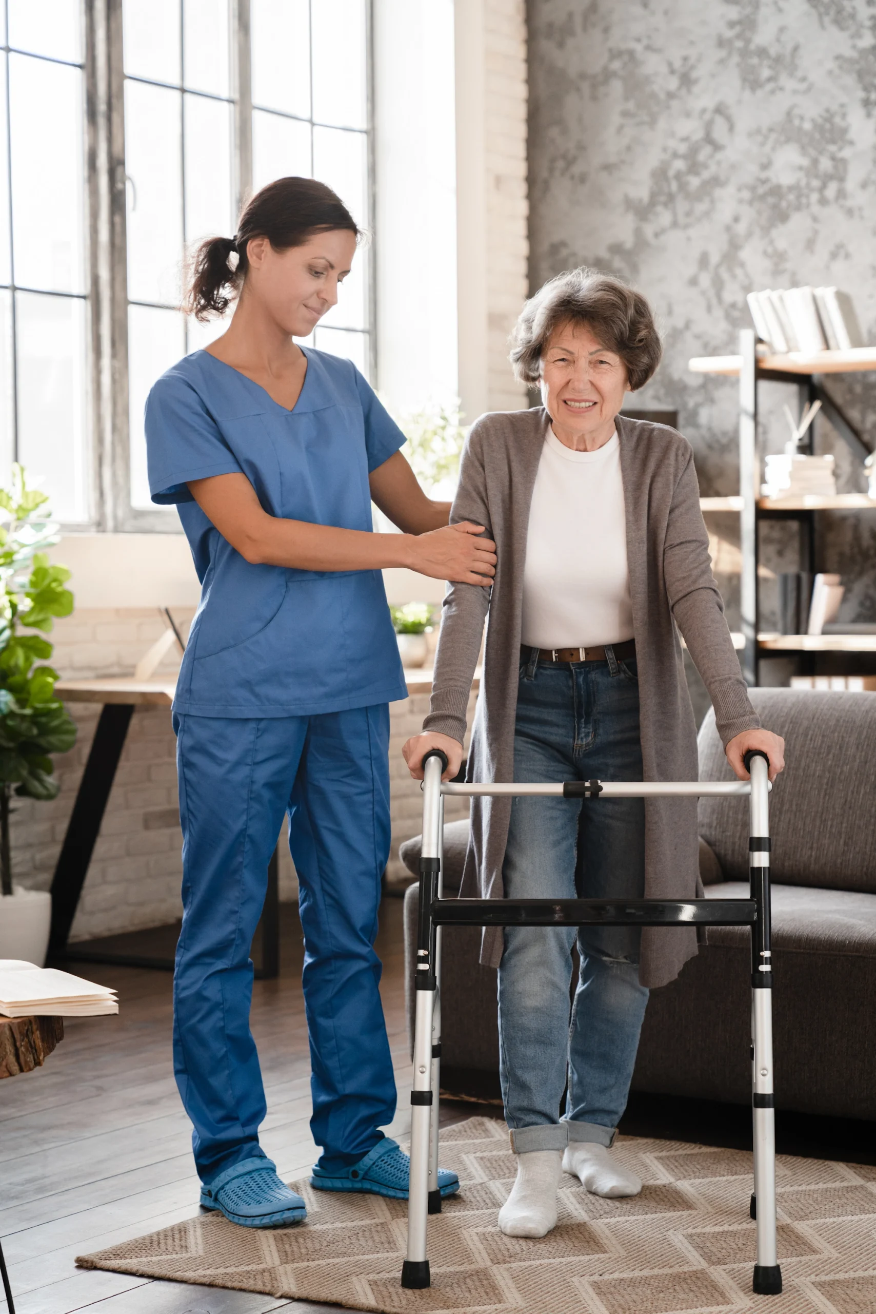 Home Care Lakeside CA vertical shot of nurse with lady in walker